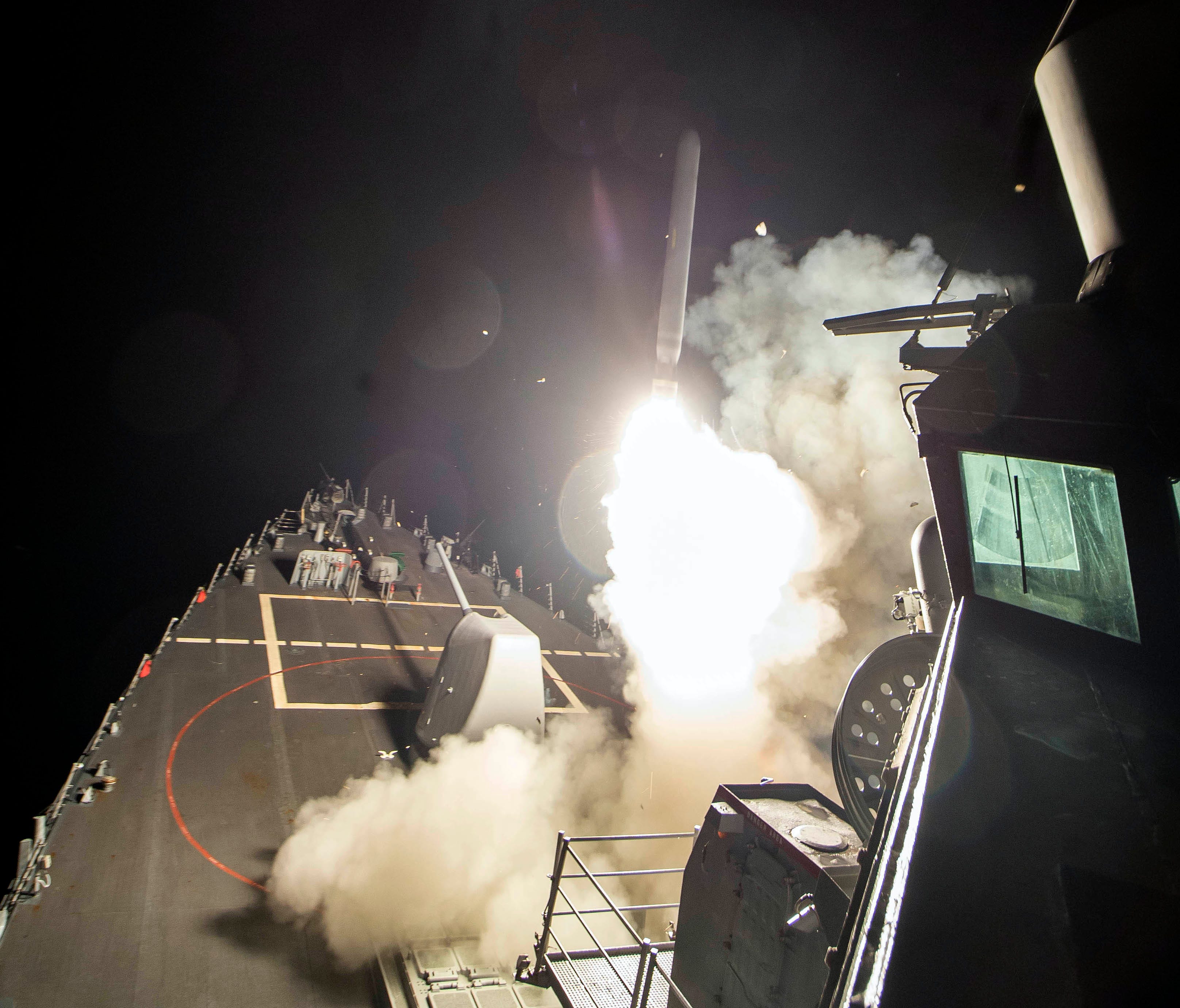 The USS Ross (DDG 71) fires a tomahawk land attack missile from the Mediterranean Sea. The United States blasted a Syrian air base with a barrage of cruise missiles in fiery retaliation for this week's chemical weapons attack against civilians.