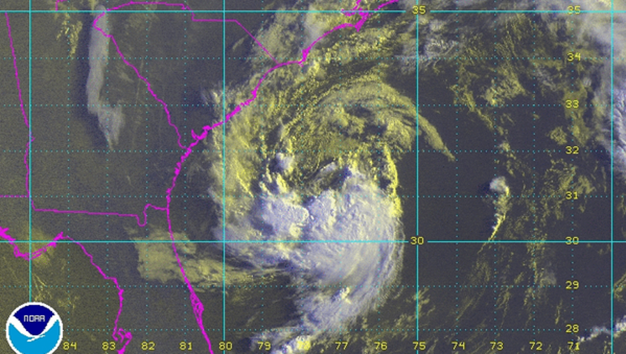 A satellite image shows Subtropical Storm Ana spinning off the Southeast coast Friday morning.