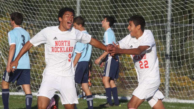 North Rockland's TJ Piscopiello (left) and Omar Rodriguez (right) celebrate a goal in a 1-0 win at home over Suffern on Thursday, Oct. 15.