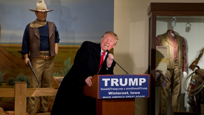 Republican presidential candidate Donald Trump speaks during a news conference at the John Wayne Museum Tuesday, Jan. 19, 2016, in Winterset, Iowa. (AP Photo/Jae C. Hong)