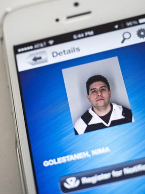 Nima Golestaneh, seen in a police mug shot accessible through a victim information service’s mobile app, was arrested on allegations of hacking into the computer system of a Vermont aerodynamics company.