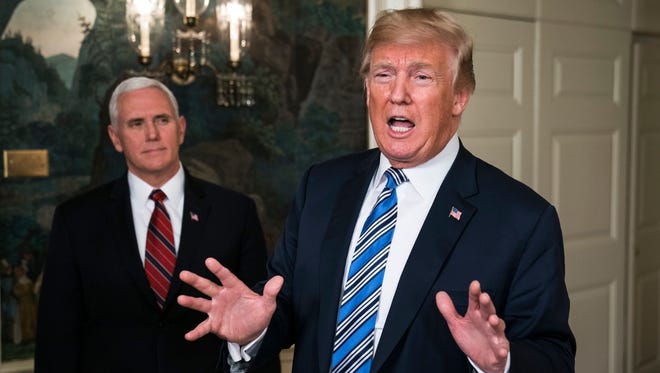 President Donald Trump, alongside Vice President Mike Pence, will be visiting Elkhart, Ind., on Thursday, May 10, 2018. They are shown speaking to the news media at the White House on at the White House on March 23.