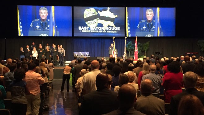 Vice President Joe Biden and Attorney General Loretta Lynch attended a community memorial service in Baton Rouge on Thursday for the three law enforcement officers killed July 17 by a lone gunman.