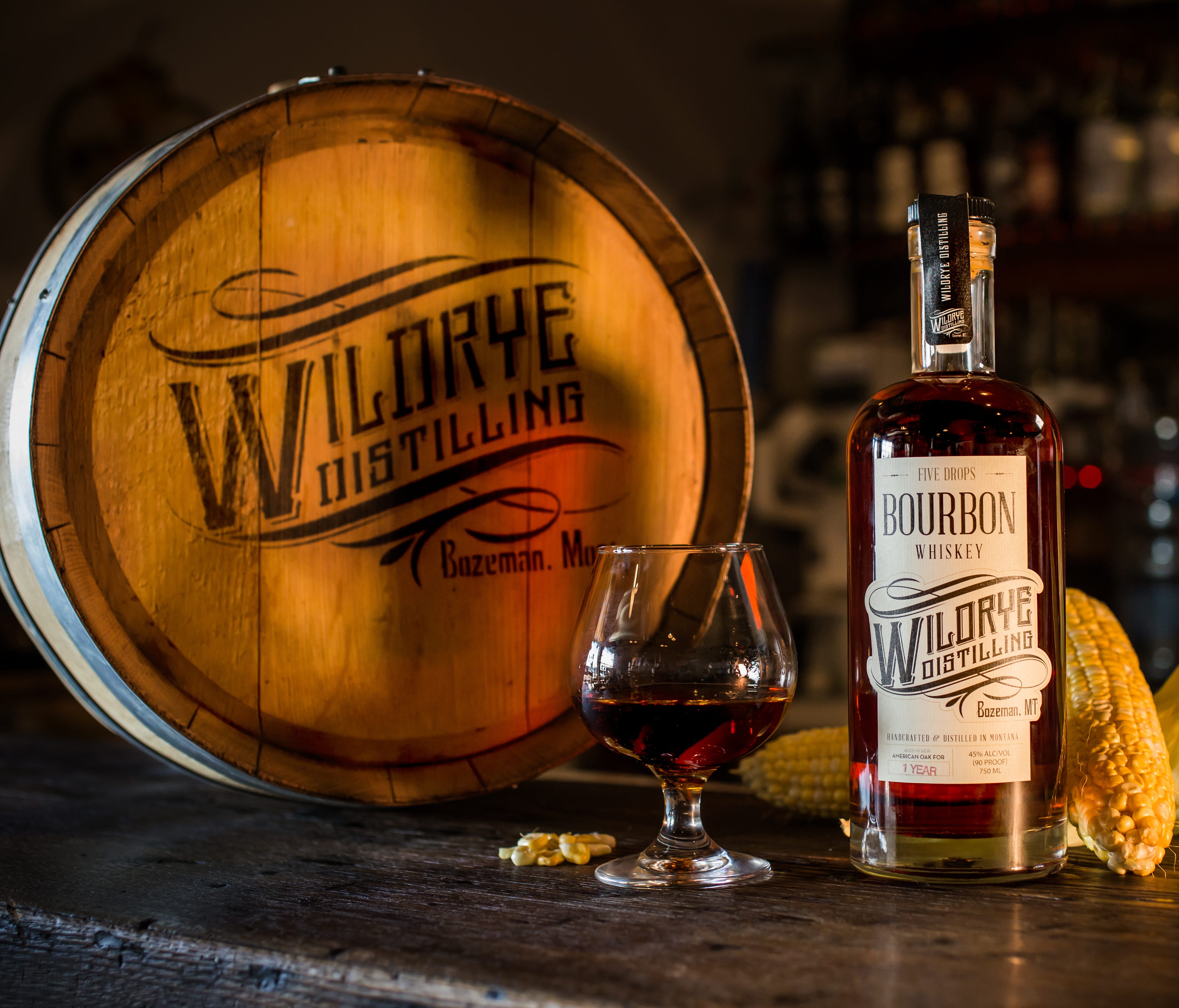 In Bozeman, Mont., Wildrye Distilling's Five Drops Bourbon is made from a mash bill of sweetcorn (grown by the distillery CEO's father-in-law) and barley, with no other flavoring grains like rye or wheat. The bourbon is aged in small charred oak barr