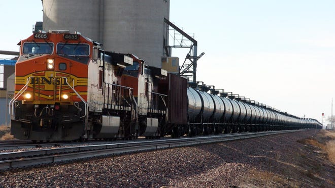 BNSF Railway train hauls crude oil near Wolf Point.