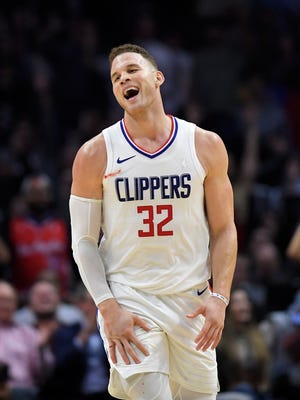 Clippers forward Blake Griffin celebrates in the fourth quarter against the Nuggets, Jan. 17, 2018 in Los Angeles.