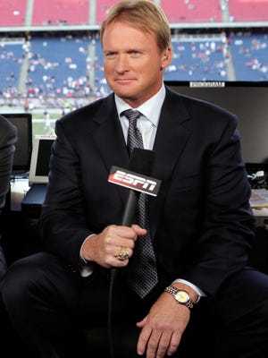 In this Sept. 14, 2009 photo, ESPN broadcaster Jon Gruden, is shown before an NFL football game between the New England Patriots and the Buffalo Bills in Foxborough, Mass.  (AP Photo/Steven Senne,