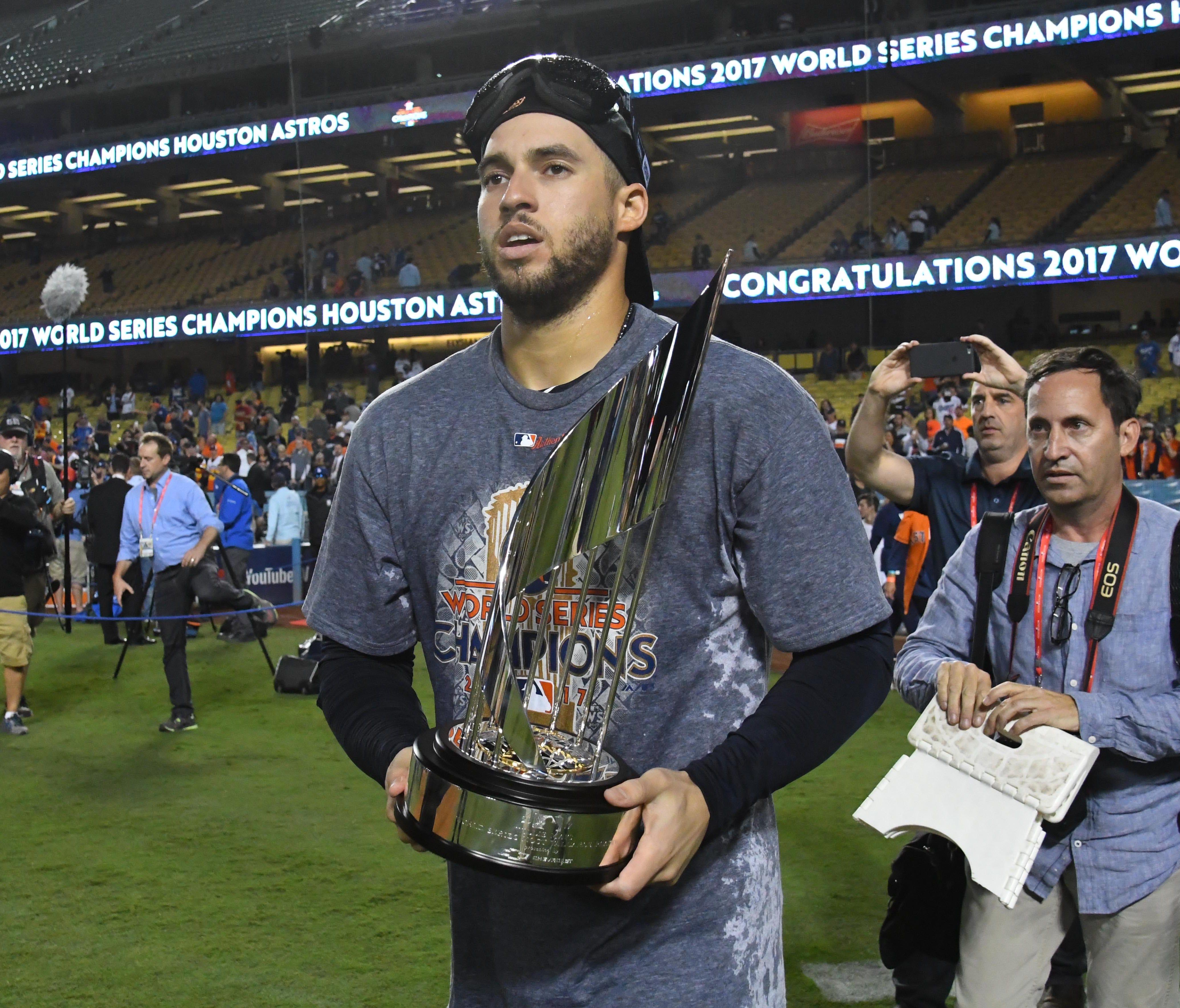 George Springer with the World Series MVP trophy after Game 7.