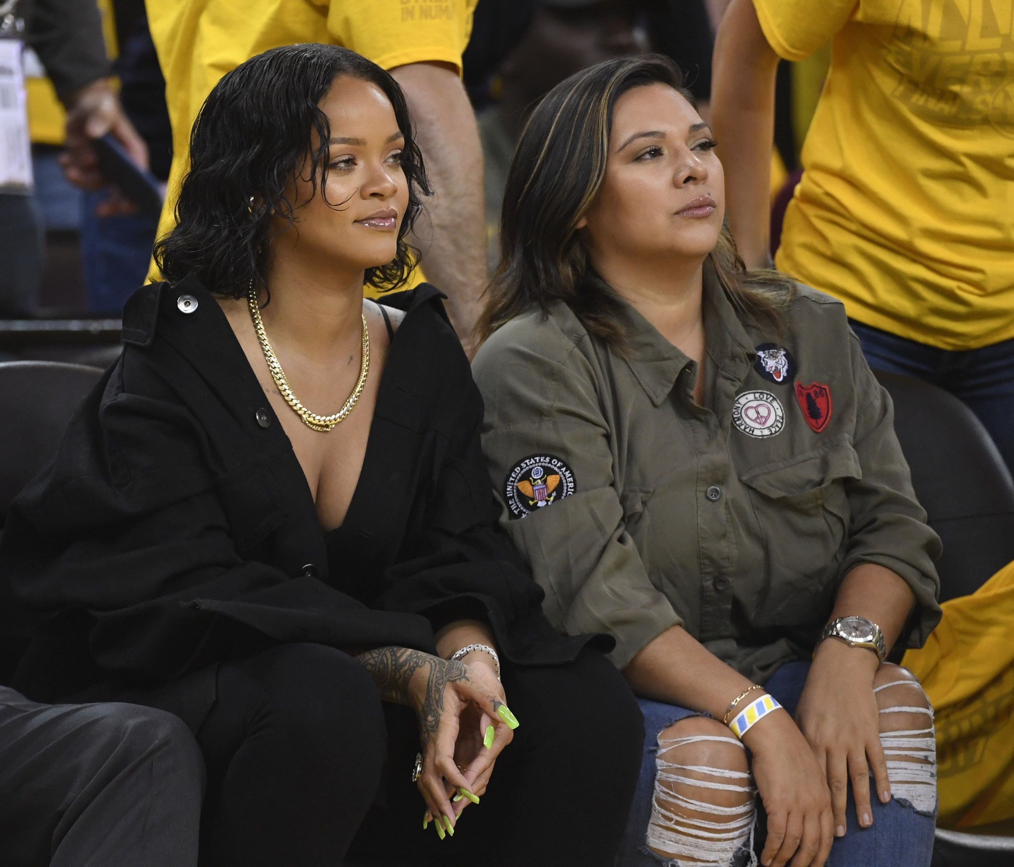 Recording artist Rihanna in attendance in the first half of Game 1 the 2017 NBA Finals between the Golden State Warriors and the Cleveland Cavaliers.