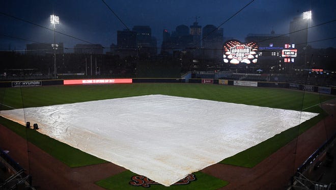The Sounds opening day game against the Oklahoma City Dodgers is delayed by rain at First Tennessee Park Tuesday, April 11, 2017 in Nashville, Tenn.