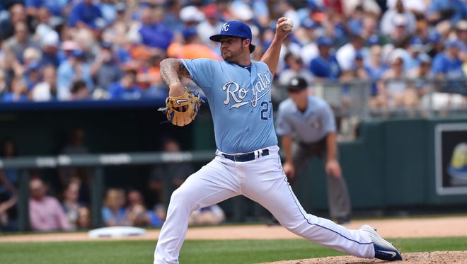 Former Kansas City Royals pitcher Brandon Finnegan (27) delivers a pitch against the Detroit Tigers during the seventh inning at Kauffman Stadium. Finnegan was traded to the Reds Sunday in return for Johnny Cueto.