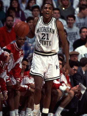 Steve Smith dribbles up court in either the first or second home game played at Breslin Center, against either Nebraska or Austin Peay in late fall of 1989.