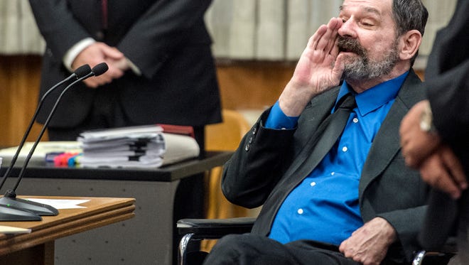 Frazier Glenn Miller yells as the jury as they leave after he was found guilty of one count of capital murder, three counts of attempted murder and assault and weapons charges on Monday, Aug. 31, 2015, in the Johnson County Courthouse in Olathe, Kan. (Allison Long/The Kansas City Star via AP, Pool)