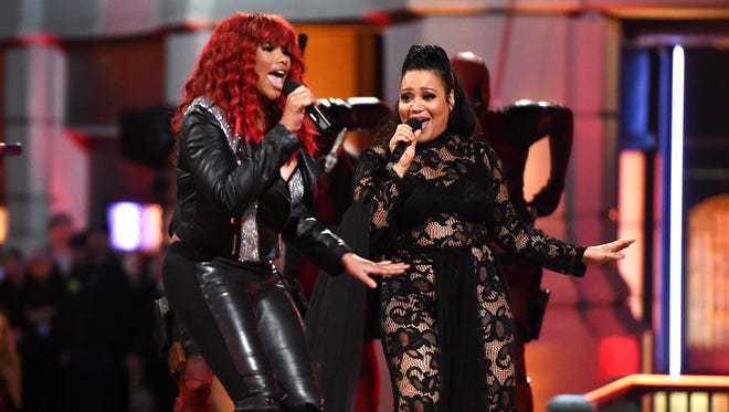 Rappers Sandra “Pepa” Denton and Cheryl “Salt” James of Salt-N-Pepa perform onstage during the 2016 MTV Movie Awards.
