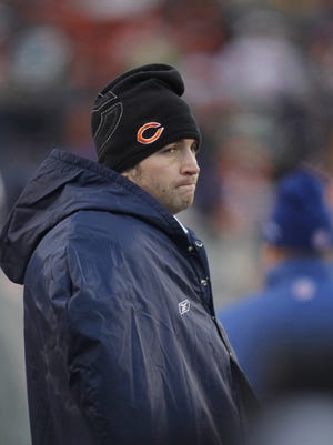 Chicago Bears quarterback Jay Cutler (6) is shown on the sidelines after being injured in the NFC Championship game against the Green Bay Packers on Sunday, January 23, 2011, at Soldier Field in Chicago. The Packers won 21-14.