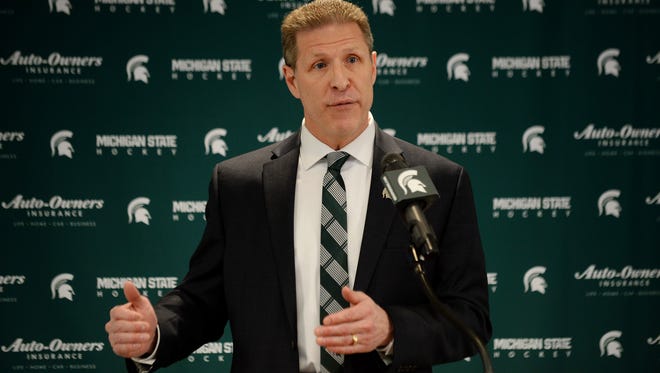 New MSU head hockey coach Danton Cole speaks to the media on April 11, 2017 at Munn Ice Arena in East Lansing.