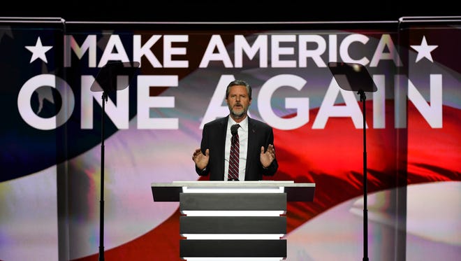Jul 21, 2016; Cleveland, OH, USA; Jerry Falwell Jr., President of Liberty University, speaks during the 2016 Republican National Convention at Quicken Loans Arena. Jack Gruber-USA TODAY NETWORK