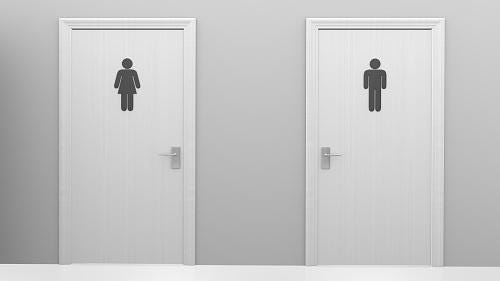 Restroom doors to public toilets with men and women icons