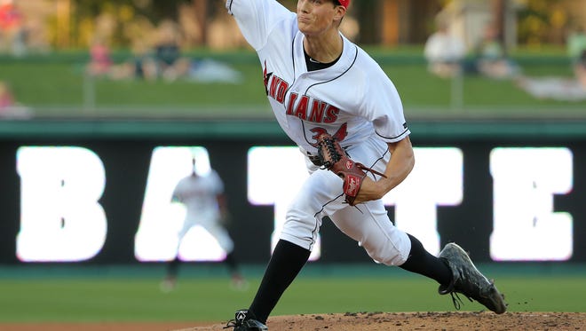 Indianapolis Indians pitcher Tyler Glasnow fires a pitch during their game against the Columbus Clippers Clippers on Thursday, September 17, 2015.