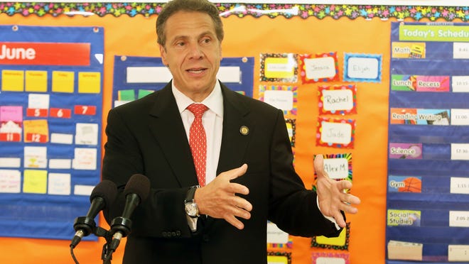 Gov. Andrew Cuomo speaks at the Hillcrest Elementary School in Peekskill in June. The governor has declared that he wants to end New York’s “education bureaucracy” with a package of legislation.