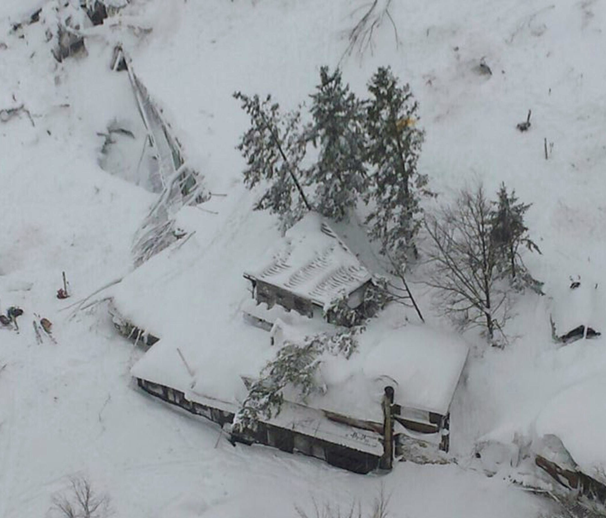 An aerial view of the Rigopiano Hotel hit by an avalanche in Farindola, Italy, early Thursday, Jan. 19, 2017.