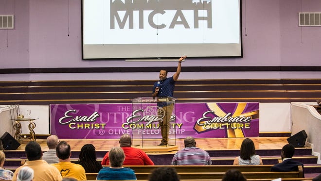 August 8, 2017 - Rev. Dr. Stacy Spencer, founding senior pastor of New Direction Christian Church, speaks during a meeting for Memphis Interfaith Coalition for Action and Hope at Olivet Fellowship Baptist Church. MICAH is a multi-racial, interdenominational, nonprofit group comprised of local congregations, community organizations, and labor unions.
