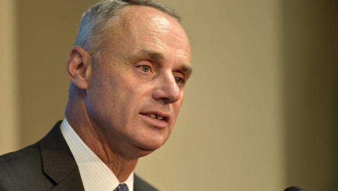 MLB commissioner Rob Manfred speaks at a press conference in May.