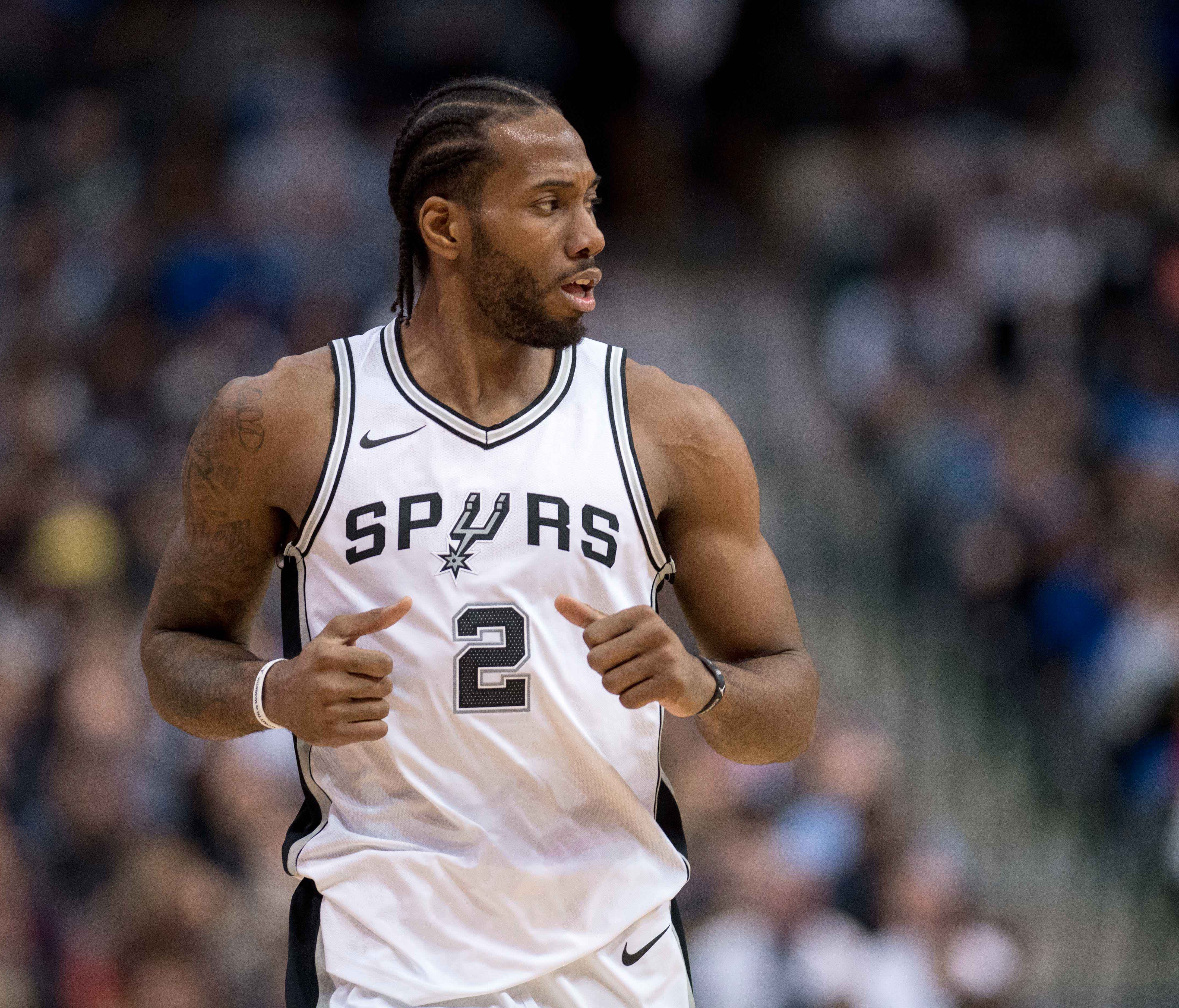 San Antonio Spurs forward Kawhi Leonard (2) in action during the game against the Dallas Mavericks at the American Airlines Center.