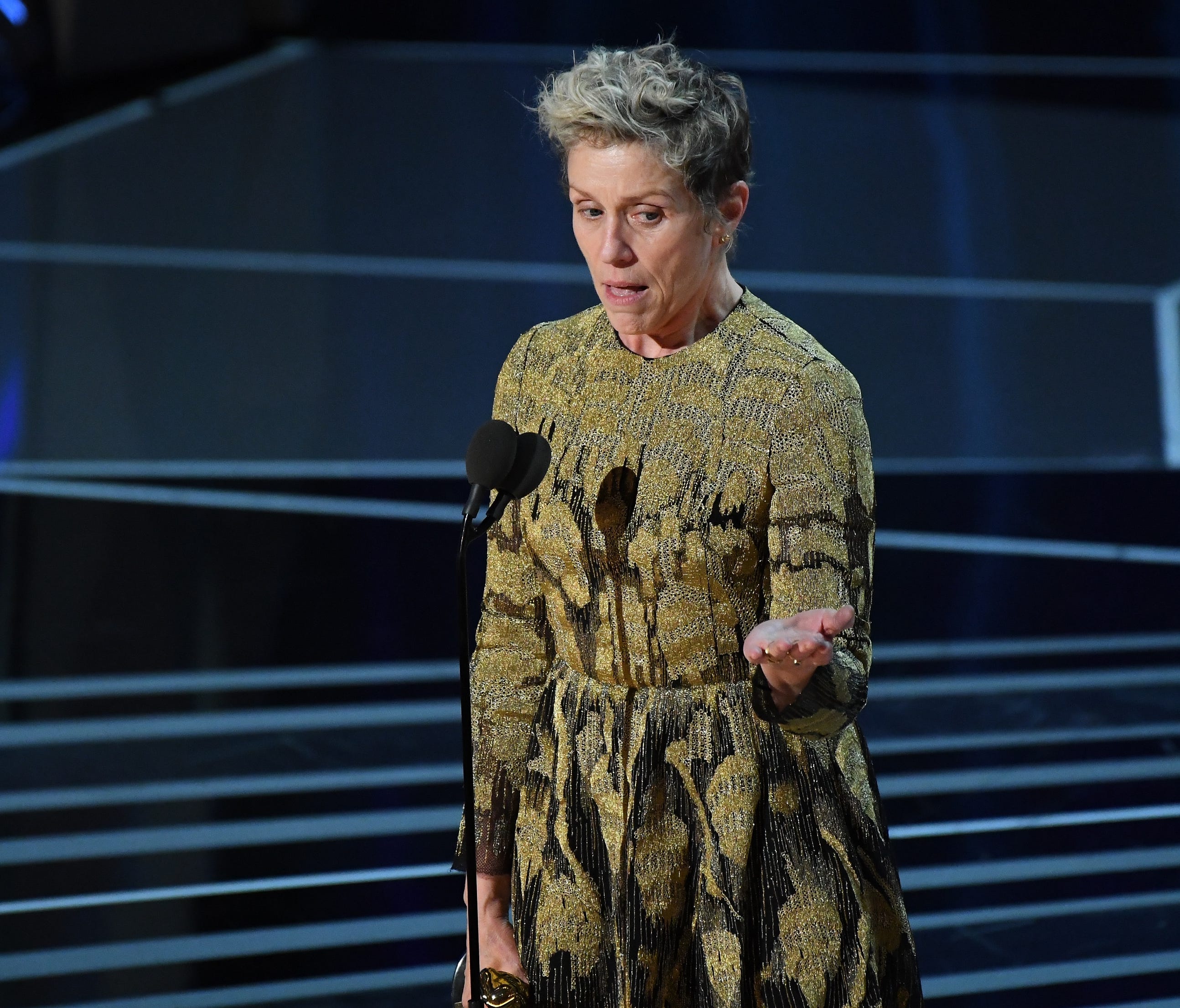 Frances McDormand accepts the Oscar for performance by an actress in a leading role during the Academy Awards on March 4, 2018, in Hollywood.