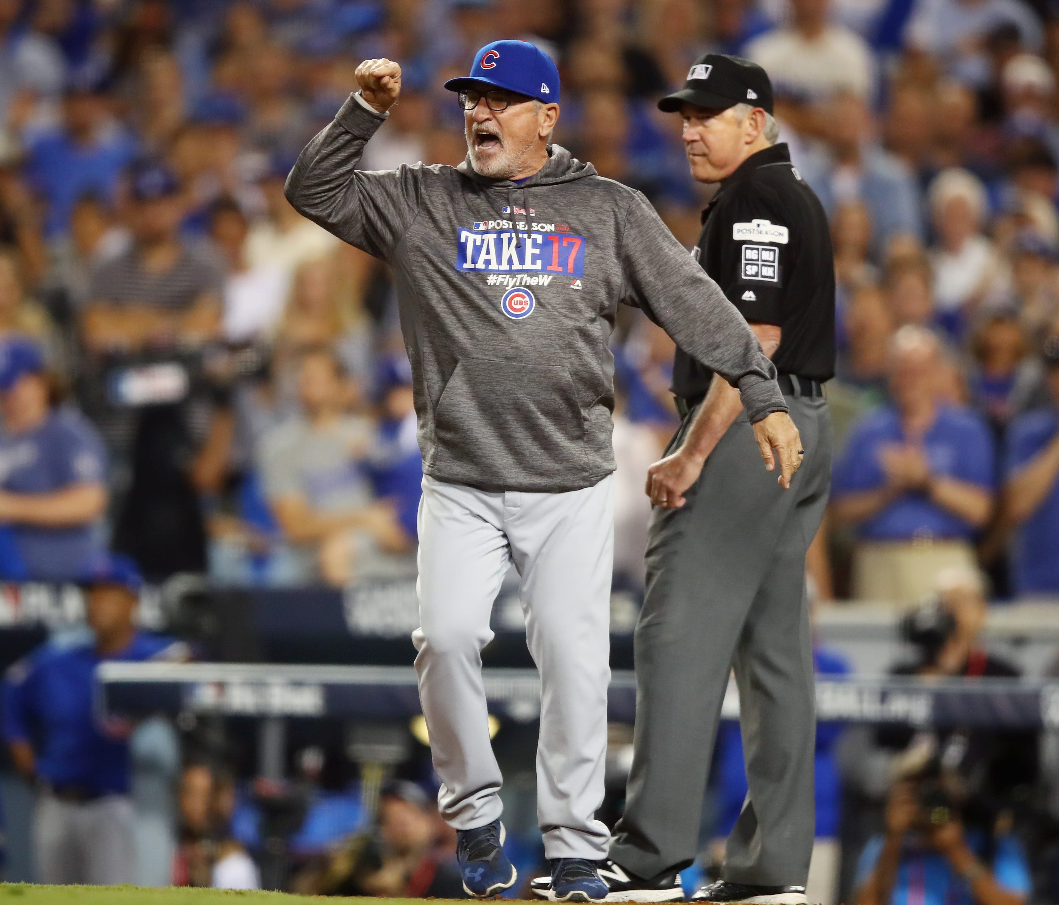 Joe Maddon argues a call with an umpire in the seventh inning.