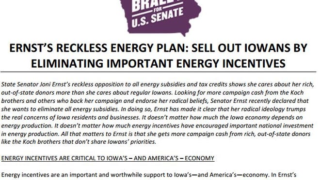 Screen shot of Democrat Bruce Braley's U.S. Senate campaign statement today criticizing Republican Joni Ernst on energy issues.