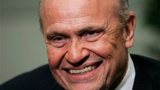 FILE - In this June 2, 2007, file photo, former Sen. Fred Thompson speaks during an interview with the Associated Press prior to a fund raiser in Richmond, Va. Thompson, a folksy former Republican U.S. senator from Tennessee who appeared in feature films and television including a role on "Law & Order," died Sunday, Nov. 1, 2015, his family said. He was 73. (AP Photo/Steve Helber, File)
