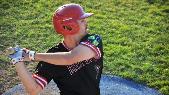 Battle Creek Bombers first baseman Tom Stoffel takes some practice cuts in the batter's box on June 27.