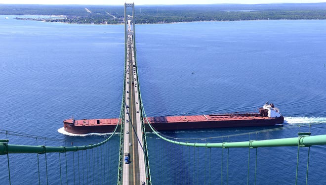 The James R. Barker passes from Lake Michigan to Lake Huron through the Straits of Mackinac under the  Mackinac Bridge. A reports says that the Barker could arrive Nov. 8 at the Port of Muskegon in western Michigan.