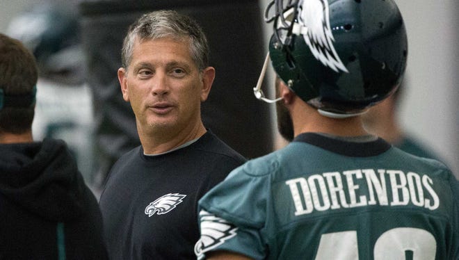 Philadelphia Eagles defensive coordinator Jim Schwartz talks with long snapper Jon Dorenbos during training camp July 28, 2016.