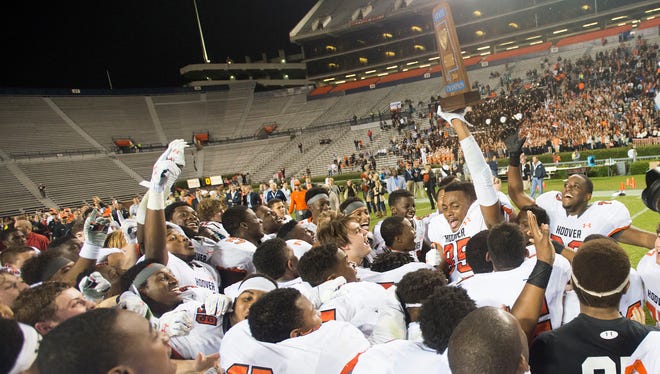 Hoover wide receiver Quincy Cox (85) celebrates the Class 7A State Championship game at Jordan-Hare Stadium on Wednesday, Dec. 3, 2014, in Auburn, Ala. Hoover defeated Prattville 35-21.