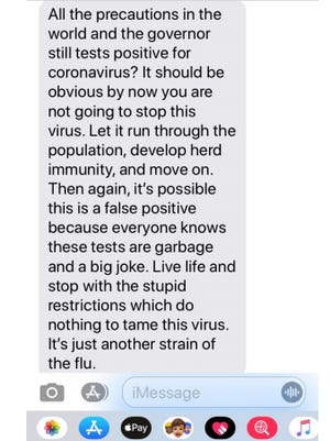 One of the texts Gov. Mike DeWine received on Aug. 6 after testing positive for COVID-19 -- and prior to another test finding he did not have coronavirus
