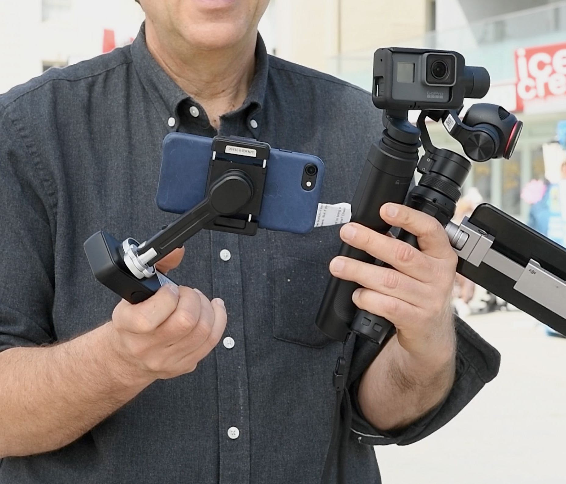 Jefferson Graham tries out three consumer gimbals at Venice Beach: Smove, GoPro Karma and the  DJI Osmo .
