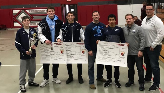 Wayne Valley wrestling: (from left) Hunter Davis, Danny Murphy, Reid Colella, assistant coach Gavin Bannat, Orion Cua, coach Todd Schroeder and assistant Pat McHugh. Davis, Murphy, Colella and Cua won gold at the Parsippany Tournament.