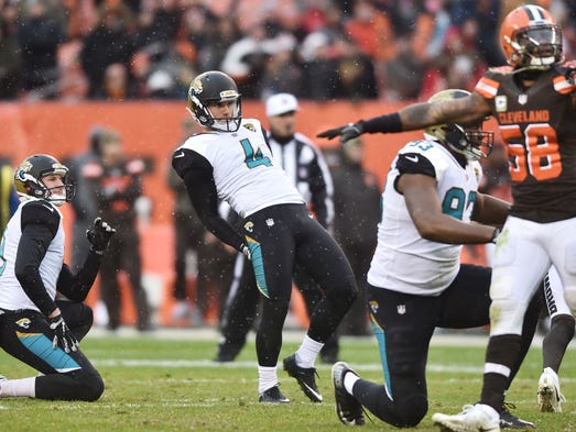 Jacksonville Jaguars kicker Josh Lambo watches as he