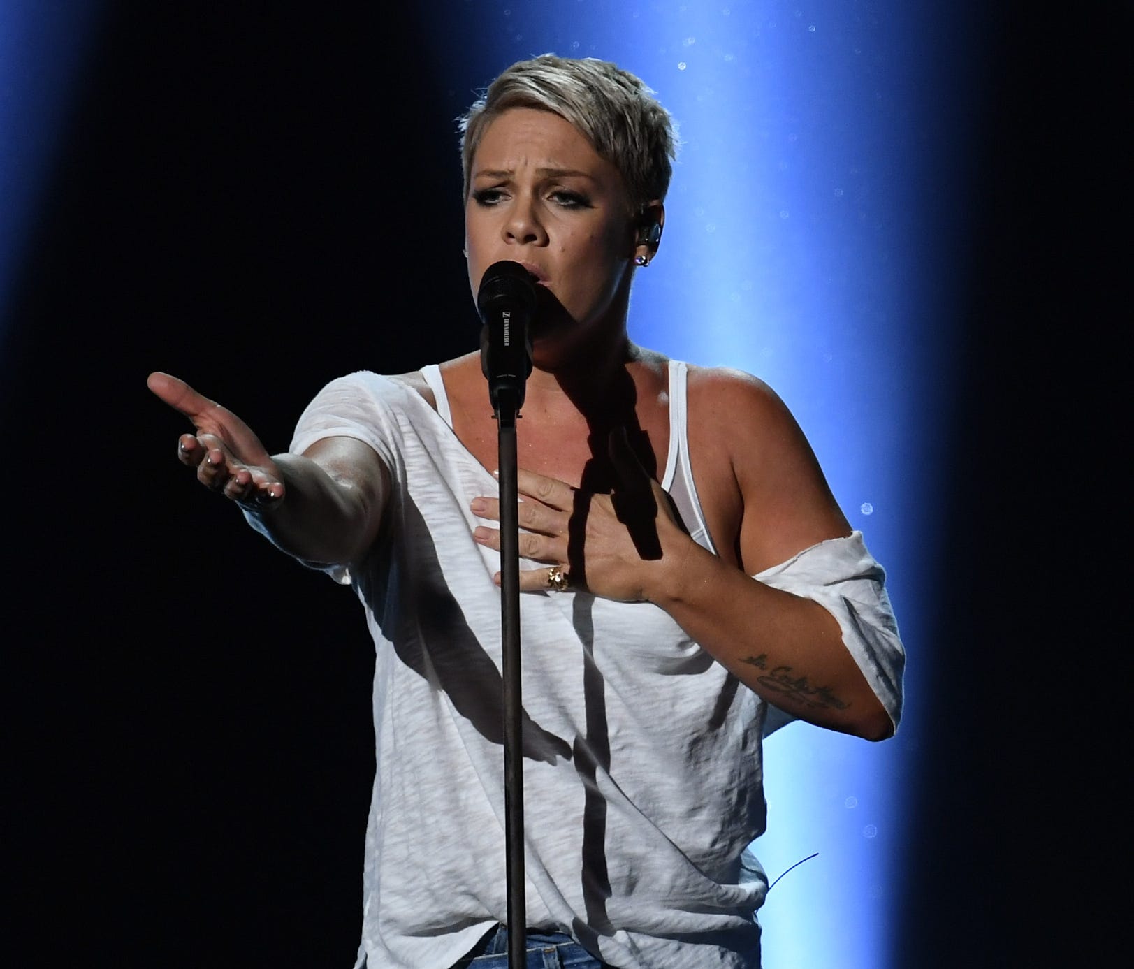 Pink performs during the 60th Annual GRAMMY Awards at Madison Square Garden.