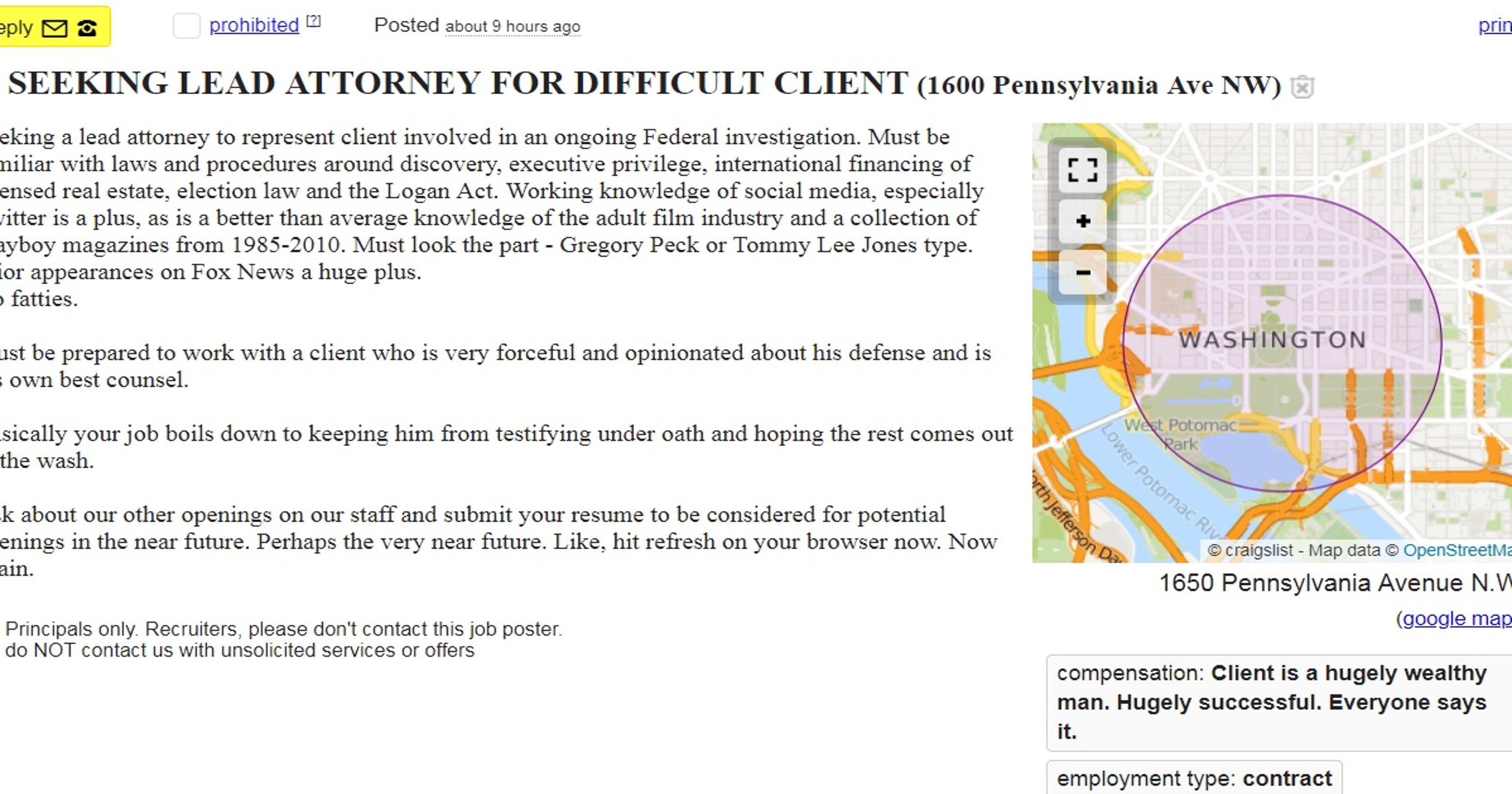 Craigslist ad: Seeking lead attorney for difficult client