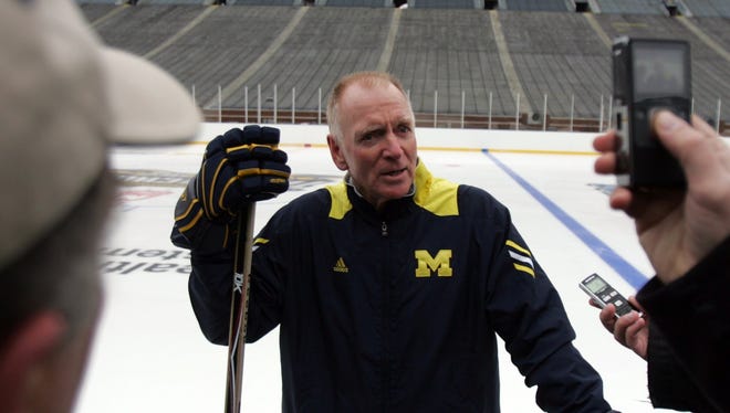 Red Berenson head coach of the  Michigan hockey team talks with the press about the outdoor hockey game against Michigan State to be held at Michigan Stadium Thursday, December 2, 2010.
