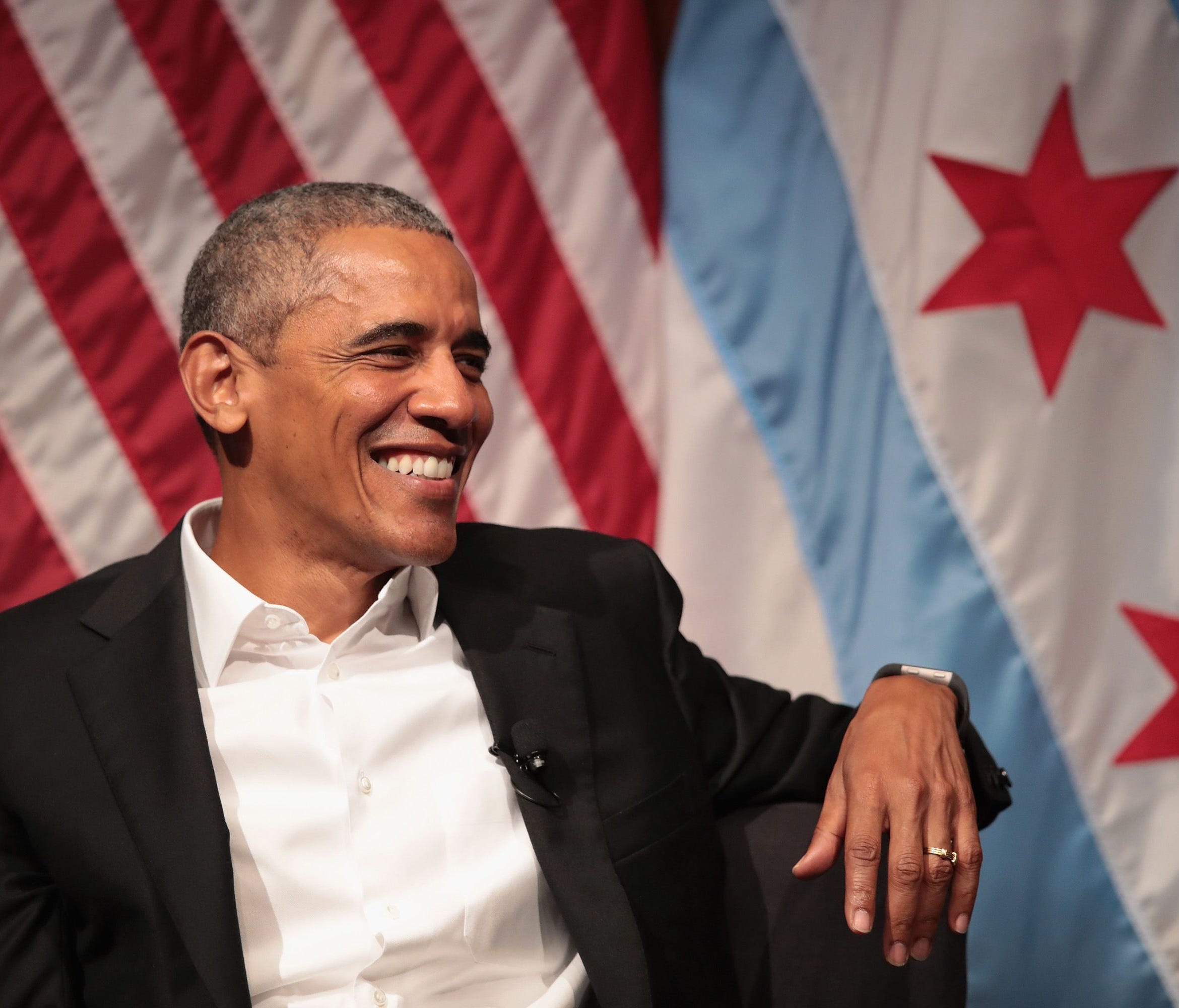 Former president Barack Obama visits with youth leaders at the University of Chicago to help promote community organizing on April 24 in Chicago. The visit marked Obama's first formal public appearance since leaving office.