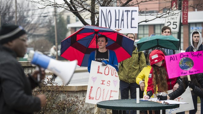 Members of the Annville Township community and members of Lebanon Valley College held a march and rally to end racism on Tuesday, Feb. 7, 2017 . The march and rally was in response after Chris Behney, founder of Just Wing It, used a racial slur against an African American Lebanon Valley College student on Sunday, Jan. 22, 2017.