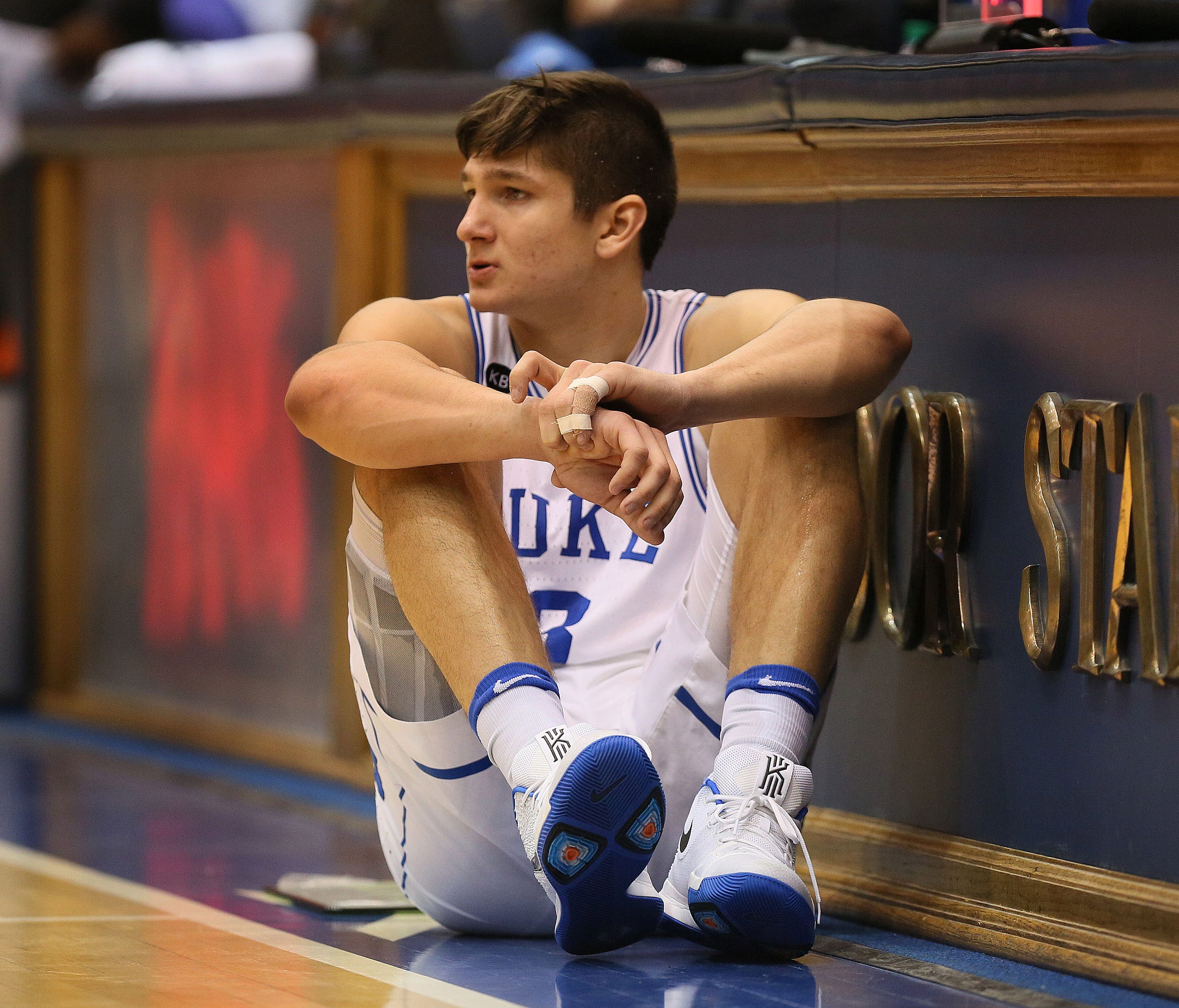 Duke guard Grayson Allen waits on the sidelines in the first half against Clemson.