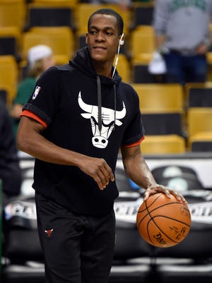 Chicago Bulls guard Rajon Rondo during warmups prior to Game 5 of the first round of the 2017 NBA Playoffs.