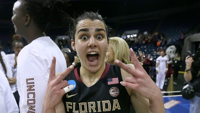 Florida State guard Leticia Romero celebrates after defeating Oregon State 66-53 in a regional semi-final round game of an NCAA college basketball tournament, Saturday, March 25, 2017, in Stockton, Calif. (AP Photo/Rich Pedroncelli)