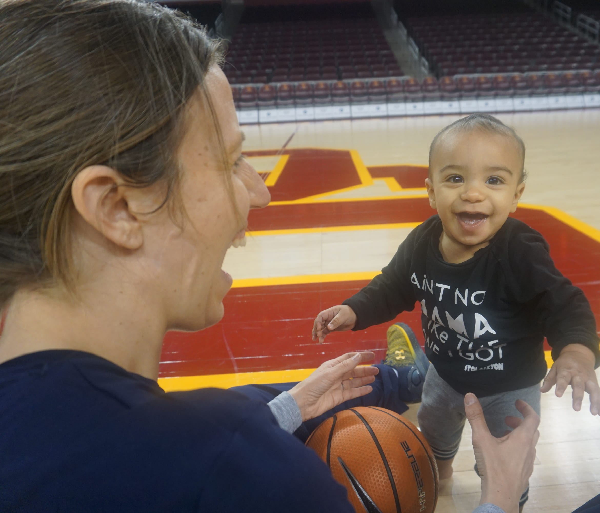 Cal coach Lindsay Gottlieb and her son, Jordan Gottlieb Martin, spend some time together during the Bears' practice.