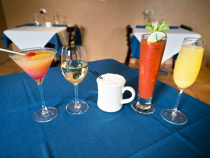 Brunch mixed drinks from the left, and Orange Cosmo,